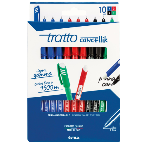 tratto Cancellik - Penna a sfera - colori assortiti - 0.4 mm - con gomma (pacchetto di 10)
